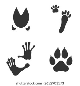 Pegadas de animal, traços de uma lebre, porco, fossa, lêmure no fundo branco.  Faixas de animais de silhueta em cinza. Paw Print para o seu projeto. Ilustração vetorial. EPS10