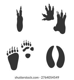 Footprints of  Animal, Traces of a Koala, Panda, Deer, and Kangaroo on white background.  Silhouette animal tracks in gray. Paw Print for your  design. Vector illustration. EPS10.