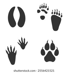 Footprints of  Animal, Traces of a panda, deer, raccoon and tiger on white background.  Silhouette animal tracks in gray. Paw Print for your  design. Vector illustration. EPS10.