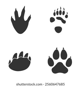 Footprints of  Animal, Traces of a panda, turtle, crocodile and lion on white background.  Silhouette animal tracks in gray. Paw Print for your  design. Vector illustration. EPS10.