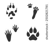 Footprints of  Animal, Traces of a rabbit, dog, ferret, raccoon on white background.  Silhouette animal tracks in gray. Paw Print for your  design. Vector illustration. EPS10.