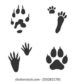 Footprints of  Animal, Traces of a rabbit, dog, ferret, raccoon on white background.  Silhouette animal tracks in gray. Paw Print for your  design. Vector illustration. EPS10.