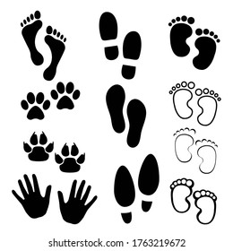 
Footprints of animals and humans, paws. Elements for design, advertising, web, packaging, textile. Vector.