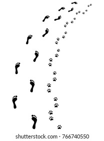 Footprints of bare feet and paws dog, turn right