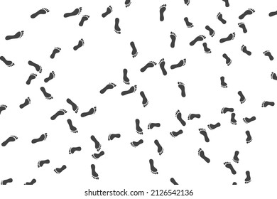 A lot of footprints of bare feet of people, a trail. Silhouette steps. Vector pattern, on an isolated background.