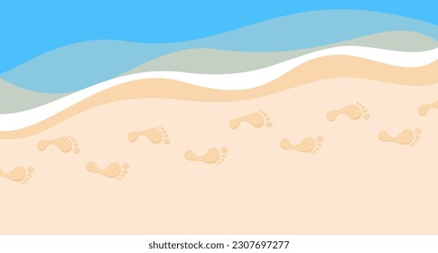 Footprints of bare feet in the sand on the beach along the coastline. Flat vector illustration