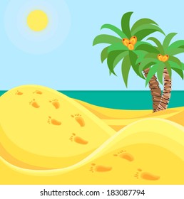 Footprints at the beach. Deserted beach illustration. There are just footprints of Robinson Crusoe and two palm trees. Vector file is EPS8, grouped and layered.