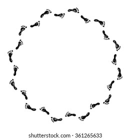 Footprints black and white circle frame, vector
