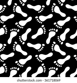 Footprints black and white seamless pattern, vector