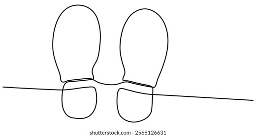 Footprints caused by executive shoes Travel concept. vector illustration, Footprints caused vector continuouse one line drawing, Footprints Black Stroke Linear Icon, Foot Print Drawing.