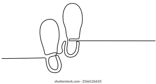 Footprints caused by executive shoes Travel concept. vector illustration, Footprints caused vector continuouse one line drawing, Footprints Black Stroke Linear Icon, Foot Print Drawing.