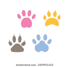 Footprints of colorful paws set. Pink, yellow and blue paws of cats and dogs. Abstract creativity and art. Kittens or puppies. Cartoon flat vector collection isolated on white background