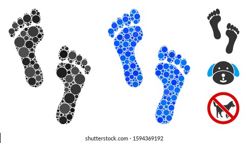 Footprints composition of spheric dots in variable sizes and color hues, based on footprints icon. Vector round dots are combined into blue composition.