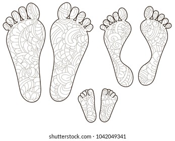 Footprints, dad, mom and baby. Anti stress coloring, vector illustration for adults