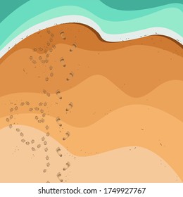 Footprints Of A Dog And Human In The Sand Towards The Sea. Overhead View. Vector Illustration Background