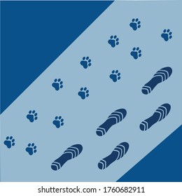 Footprints of dog and man walking along the street. abstract blue background. Solo outdoor activities concept.