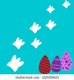 Footprints and easter eggs of the Easter rabbit on a blue background. vector, illustration.
