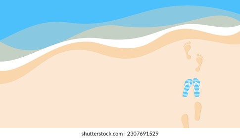 Footprints and flip flops on the sand near the sea waves with copy space, top view. Flat vector illustration