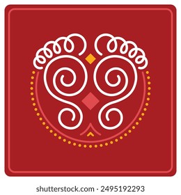 Footprints, Foot Steps of Goddess Laxmi Maa Durga Charan in Mandala Rangoli Alpana or alpona Pattern Vector Graphic Creative Conceptual Minimalistic rhythmic style Illustration in Yellow Red Border.