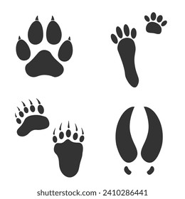 Footprints of Forest Animal, Traces of a Tiger, Bear, Moose, Hare on white background.  Silhouette animal tracks in grar. Paw Print for your  design. Vector illustration. EPS10.