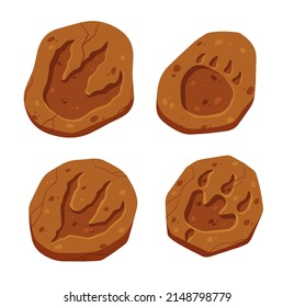 Footprints Of A Fossil Dinosaur. Dino Reptile Foot Trail. Paw In Brown Clay Or Stone. Archaeology And Paleontology. Cartoon Illustration