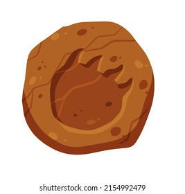 Footprints of a fossil dinosaur. Dino reptile foot trail. Paw in brown clay or stone. Archaeology and Paleontology. Cartoon illustration