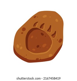 Footprints of a fossil dinosaur. Dino reptile foot trail. Paw in brown clay or stone. Archaeology and Paleontology. Cartoon illustration