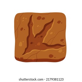 Footprints of a fossil dinosaur. Dino reptile foot trail. Paw in brown clay or stone. Archaeology and Paleontology. Cartoon illustration