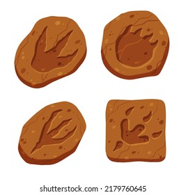 Footprints Of A Fossil Dinosaur. Dino Reptile Foot Trail. Paw In Brown Clay Or Stone. Archaeology And Paleontology. Cartoon Illustration