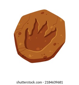 Footprints of a fossil dinosaur. Dino reptile foot trail. Archaeology and Paleontology. Cartoon illustration. Paw in brown clay or stone