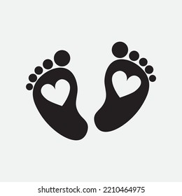 Footprints With Heart, Contour Of Foot, Sole, Black Color.