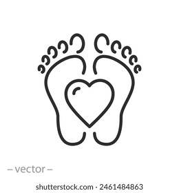 footprints with heart icon, legs love concept, care for foots, thin line web symbol on white background - editable stroke vector illustration eps10