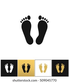 Footprints or human foot prints vector icon. Footprints or human foot prints pictograph on black, white and gold background