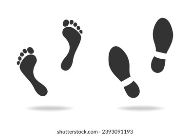 Footprints human icon set. Man footprints in shoe and barefoot. Graphic signs isolated on white background. Vector illustration