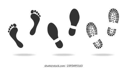 Footprints human icon set. Man footprints in shoe and barefoot. Graphic signs isolated on white background. Vector illustration