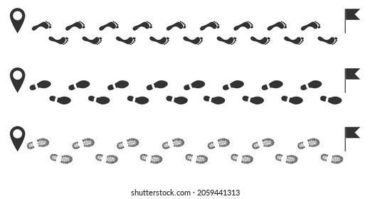 Footprints human icons set. Human trails in shoe and without. Traces of people black graphic signs isolated on white background. Vector illustration