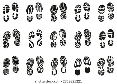 Footprints human shoes icon collection. Set of black prints of shoes. Black imprint soles shoes icon collection. Set of footprints stamped icons