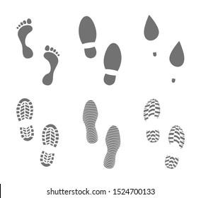 Footprints human shoes silhouette. Set of footprints and shoeprints icons in black showing bare feet and the imprint of the soles with the differing patterns. Vector illustration. 