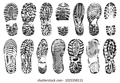Footprints human shoes silhouette, vector set, isolated on white background