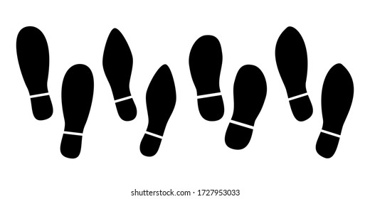 Huella silueta de zapatos humanos, conjunto vectorial, aislado en fondo blanco. Ilustración vectorial.