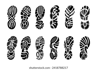 Footprints human shoes silhouette, vector set, isolated on white background. Shoe soles print. Foot print tread, boots, sneakers. Impression icon barefoot