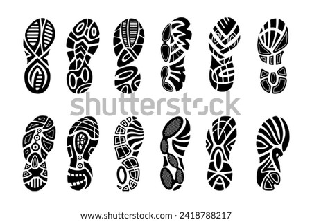 Footprints human shoes silhouette, vector set, isolated on white background. Shoe soles print. Foot print tread, boots, sneakers. Impression icon barefoot