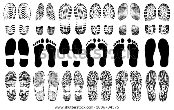 Footprints human shoes silhouette, vector\
set, isolated on white background. Shoe soles print. Foot print\
tread, boots, sneakers. Impression icon\
barefoot