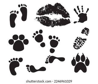 Huellas de siluetas de zapatos humanos, conjunto de vectores, aisladas en fondo blanco. Imprime zapatos de lenguado. Huellas de pies, botas, zapatillas de deporte. Icono de pantalla de descalzo, labios y perros