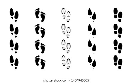 Footprints human shoes trails. Funny people foot steps vector icons,  bare feet person follow footsteps concept, black footprints  silhouettes route set