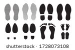 Footprints human silhouette, vector set, isolated on white background. Shoe soles print. Foot print tread, boots, sneakers. Impression icon barefoot.