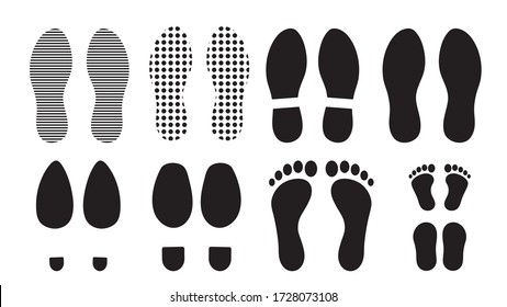 Huella de silueta humana, conjunto vectorial, aislado en fondo blanco. Impresión de las suelas de zapatos. Carretera para imprimir pies, botas, zapatillas. Icono de la impresión descalzo.