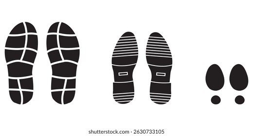Footprints human silhouette, vector set, isolated on white background. shoe footprint icon men women kids  . 