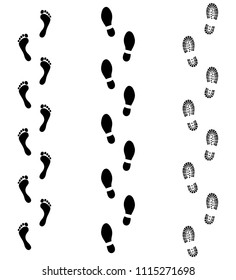 Footprints humans icons set. Human trails in shoe and without. Black graphic signs isolated on white background. Vector illustration