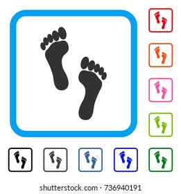 Footprints icon. Flat gray iconic symbol inside a light blue rounded rectangle. Black, gray, green, blue, red, orange color additional versions of Footprints vector.